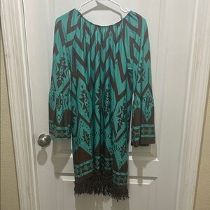 Bohemian Teal and Brown Dress with Fringe